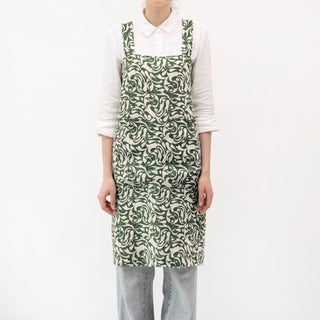 Linen Tales Evergreen Damask on Light Natural Linen Pinafore Apron - Linen Tales B2B 