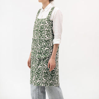 Linen Tales Evergreen Damask on Light Natural Linen Pinafore Apron - Linen Tales B2B 