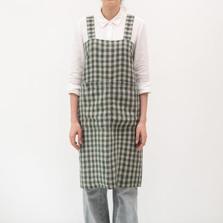 Linen Tales Forest Green Gingham Linen Pinafore Apron - Linen Tales B2B 