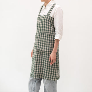 Linen Tales Forest Green Gingham Linen Pinafore Apron - Linen Tales B2B 
