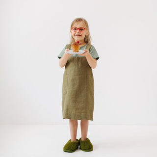 Linen Tales Kids Martini Olive Linen Pinafore Apron - Linen Tales B2B 