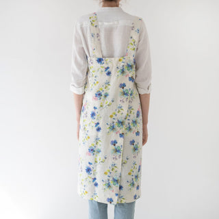 Linen Tales White Flowers Linen Pinafore Apron - Linen Tales B2B 