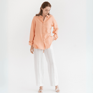 Milk White with Grey Stripe Linen Willow Trousers - Linen Tales B2B 1