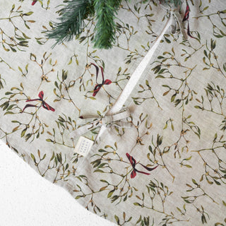 Mistletoe on Natural Linen Christmas Tree Skirt - Linen Tales USA 5