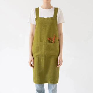 Moss Green Linen Crossback Apron - Linen Tales B2B 