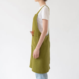 Moss Green Linen Crossback Apron - Linen Tales B2B 