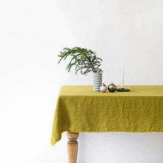 Moss Green Linen Tablecloth with Fringes - Linen Tales B2B 