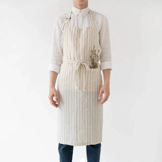 Natural White Stripes Linen Chef Apron - Linen Tales B2B 