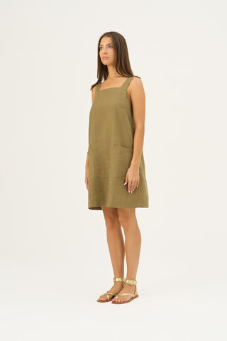 Olive Khaki Linen Fughetta Dress - Linen Tales B2B 3