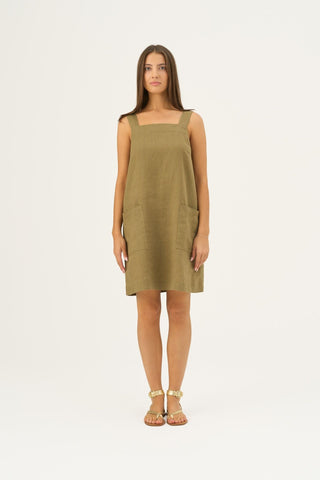 Olive Khaki Linen Fughetta Dress - Linen Tales B2B 