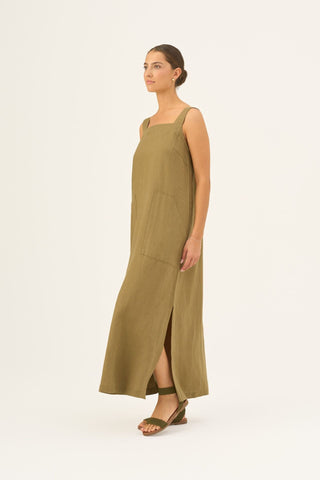 Olive Khaki Linen Fugue Dress - Linen Tales B2B 4