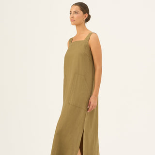 Olive Khaki Linen Fugue Dress - Linen Tales B2B 
