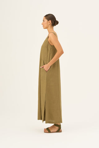 Olive Khaki Linen Fugue Dress - Linen Tales B2B 3
