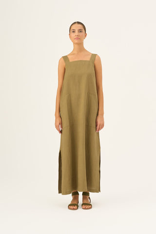 Olive Khaki Linen Fugue Dress - Linen Tales B2B 