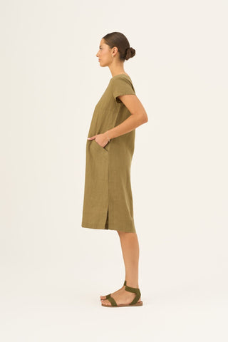 Olive Khaki Linen Goldenrod Dress - Linen Tales B2B 