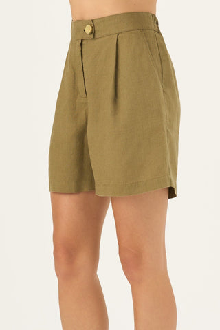 Olive Khaki Linen Mirabilis Shorts - Linen Tales B2B 