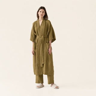 Olive Khaki Linen Summer Bathrobe - Linen Tales B2B 1