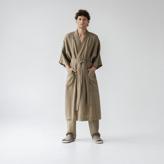 Olive Khaki Linen Summer Bathrobe - Linen Tales B2B 