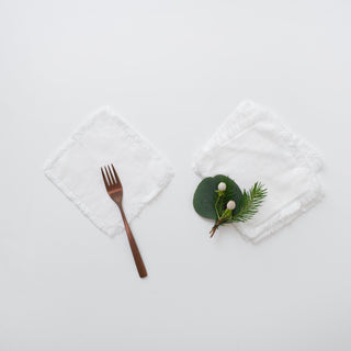 Optical White Linen Coasters with Fringes Set of 4 - Linen Tales USA 