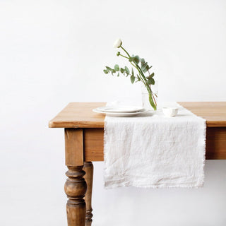 Optical White Linen Table Runner with Fringes - Linen Tales B2B 