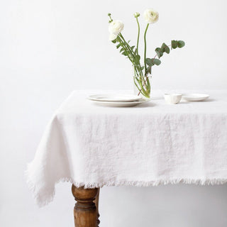 Optical White Linen Tablecloth with Fringes - Linen Tales B2B 
