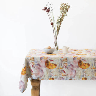 Orange Flow on Natural Linen Tablecloth - Linen Tales B2B 