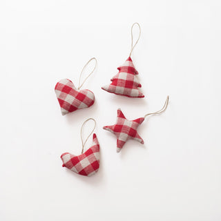 Red Gingham Linen Christmas Tree Decorations Set of 4 - Linen Tales USA 1