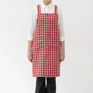 Red Gingham Linen Crossback Apron - Linen Tales B2B 