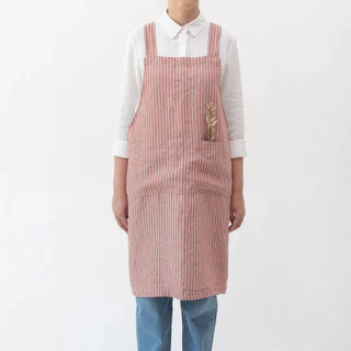 Red Natural Stripes Linen Crossback Apron - Linen Tales B2B 