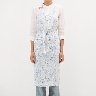 White Botanical Blue Linen Chef Apron - Linen Tales B2B 