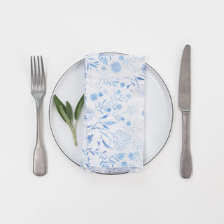White Botanical Blue Linen Napkins Set of 2 - Linen Tales B2B 