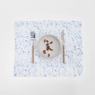 White Botanical Blue Linen Placemat - Linen Tales B2B 