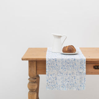 White Botanical Blue Linen Table Runner - Linen Tales B2B 