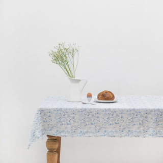 White Botanical Blue Linen Tablecloth - Linen Tales B2B 