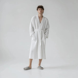 White Linen & Cotton Honeycomb Waffle Bathrobe - Linen Tales B2B 