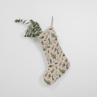 Winter Berries on Light Natural Linen Christmas Stocking - Linen Tales B2B 