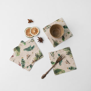 Winter Berries on Light Natural Linen Coasters Set of 4 - Linen Tales B2B 