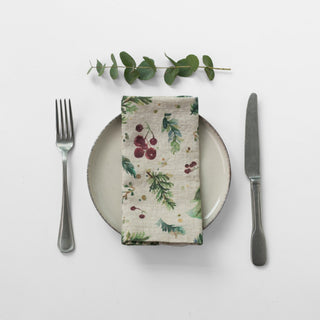 Winter Berries on Light Natural Linen Napkins Set of 2 - Linen Tales B2B 