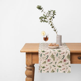 Winter Berries on Light Natural Linen Table Runner - Linen Tales B2B 