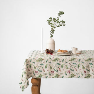Winter Berries on Light Natural Linen Tablecloth - Linen Tales B2B 