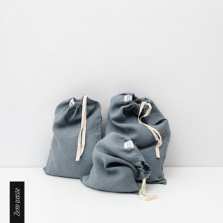 Zero Waste Blue Fog Linen Drawstring Bags Set of 3 - Linen Tales B2B 