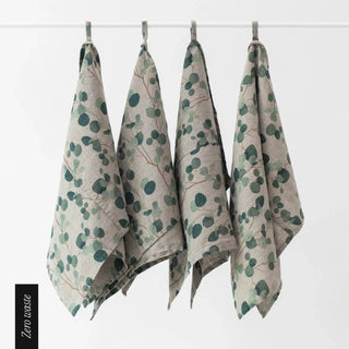Zero Waste Eucalyptus on Natural Linen Kitchen Towels Set of 4 - Linen Tales B2B 