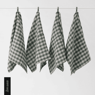 Zero Waste Forest Green Gingham Linen Kitchen Towels Set of 4 - Linen Tales B2B 