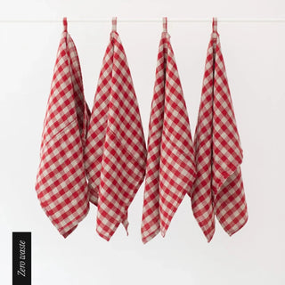 Zero Waste Red Gingham Linen Kitchen Towels Set of 4 - Linen Tales B2B 