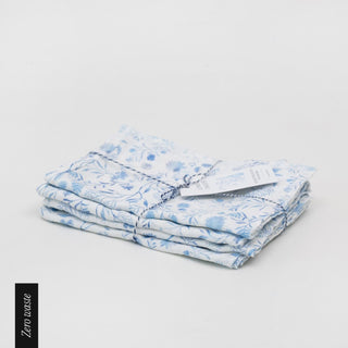 Zero Waste White Botanical Blue Linen Kitchen Towels Set of 4 - Linen Tales B2B 