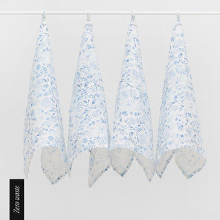 Zero Waste White Botanical Blue Linen Kitchen Towels Set of 4 - Linen Tales B2B 