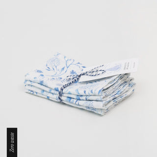 Zero Waste White Botanical Blue Linen Napkins Set of 4 - Linen Tales B2B 