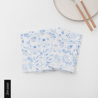 Zero Waste White Botanical Blue Linen Napkins Set of 4 - Linen Tales B2B 