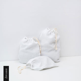 Zero Waste White Linen Drawstring Bags Set of 3 - Linen Tales B2B 