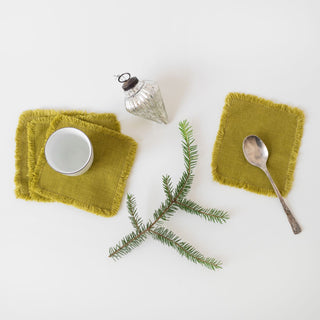 Set of 4 Moss Green Washed Linen Coasters with Fringes Alternative View 2
